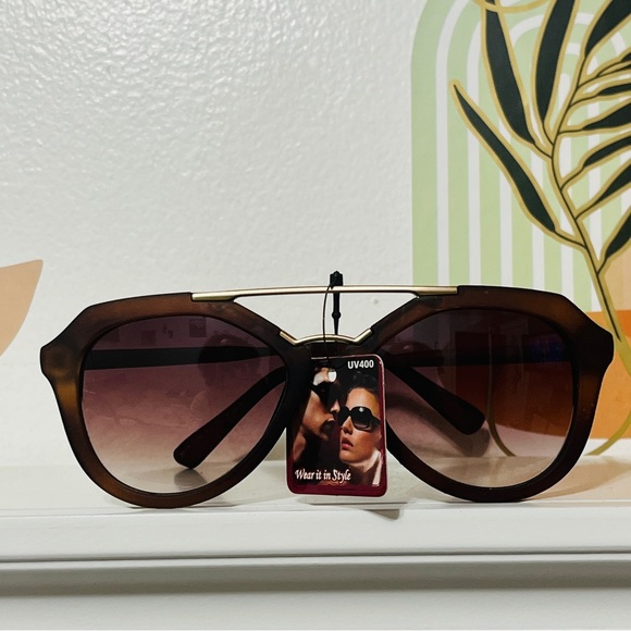 Accessories - Brown Mat Frame Fashion Sunglasses w/Gold Hardware